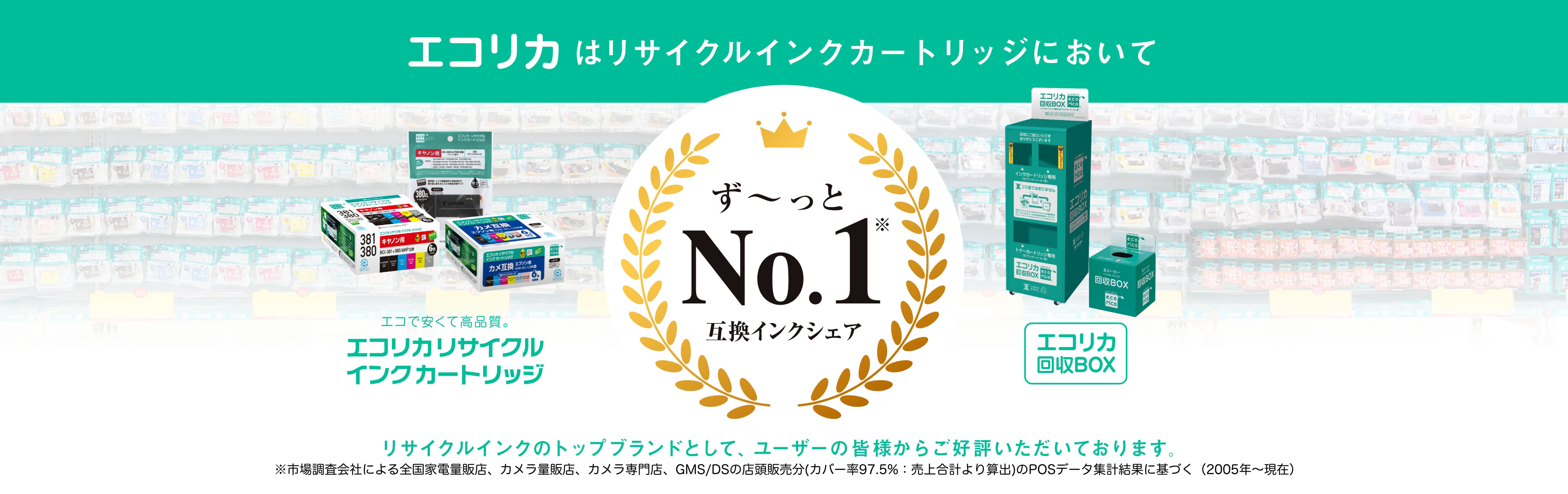 エコリカリサイクルインクカートリッジにおいて15年連続No.1リサイクルのトップブランドとして、ユーザーの皆様からご好評いただいております。※第三者機関による全国の有力家電量販店の販売実績をもとに自社集計（2005年～現在）