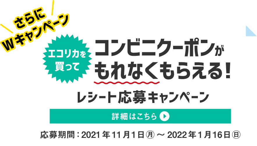 さらにWキャンペーンエコリカを買ってコンビニクーポンがもらえる！レシート応募キャンペーン　詳細はこちら　応募期間：2021年11月1日（月）から2022年1月16日（日）