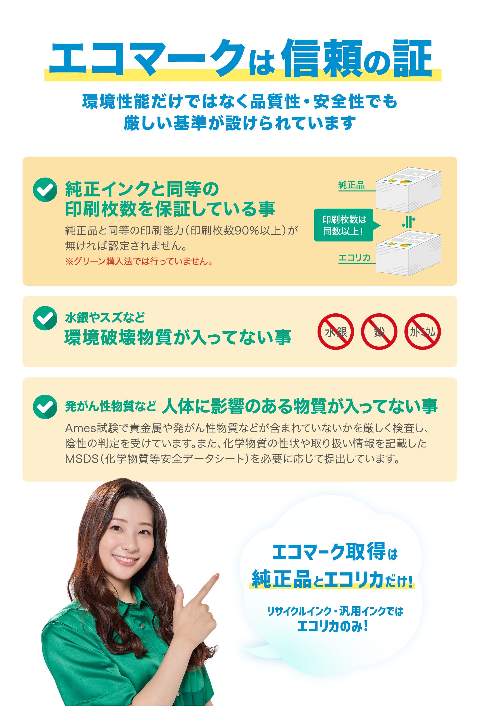 エコマークは信頼の証 環境性能だけではなく品質性・安全性でも厳しい基準が設けられています